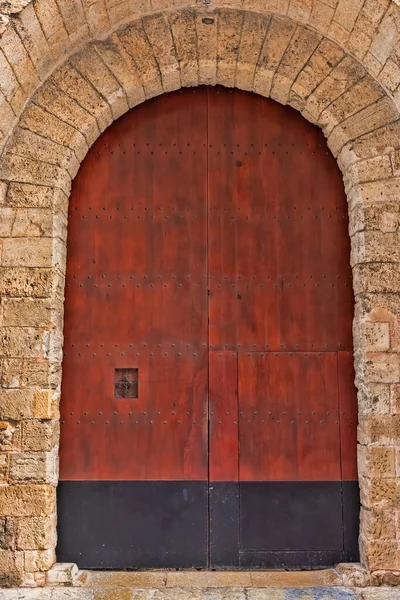 Exterior Large Old Wooden Door Brick Stone Archway Mallorca Spain — Stock Photo, Image