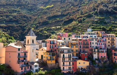 Cinque Terre 'deki Riomaggiore kasabasında, üzüm bağlarının eteklerinde ve Akdeniz kıyılarında..