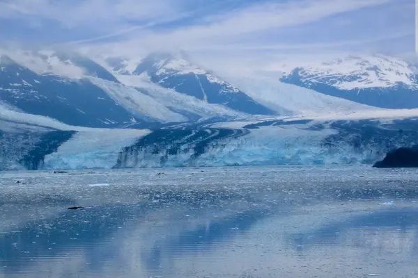 Gletsjer College Fjord Mistig Weer Besneeuwde Bergketen Alaska Stockafbeelding