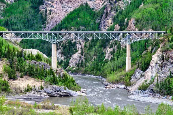 Hosszú Vasúti Híd Átnyúlik Folyón Alaszka Távoli Hegyvidékén Stock Fotó