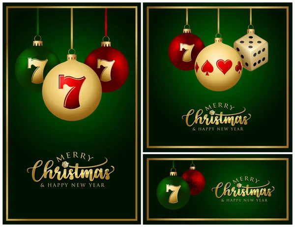 Casino Christmas Balls Greeting Cards Merry Christmas Happy New Year — Stock Vector