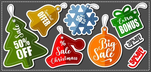 Set Christmas Stickers Outline Shadows Dark Background Sale Tags Banners — Stock Vector