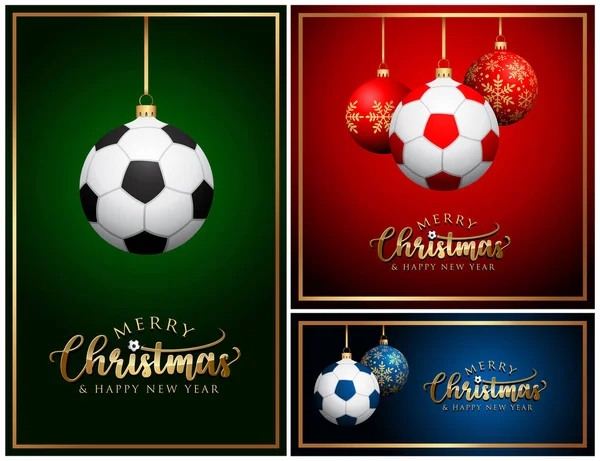 Soccer Christmas Greeting Card Soccer Balls Set Sport Background Merry — Stock Vector