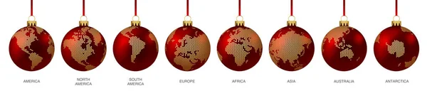 Christmas Balls World Dotted Globe Maps Continent America Europe Asia — Stock Vector