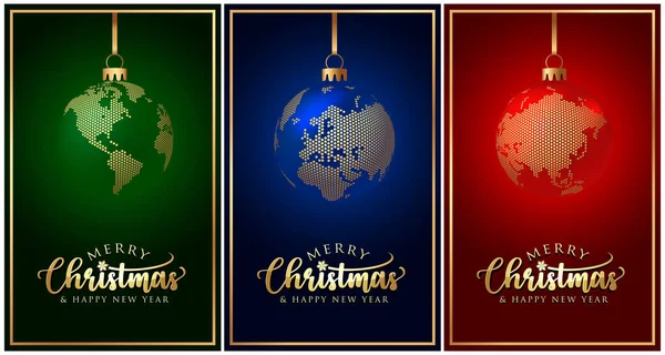 Merry Christmas Card Balls World Dotted Globe Maps Continent America — Stock Vector