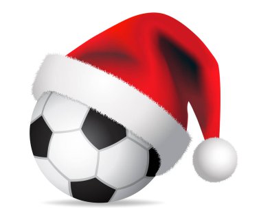 Futbol topu ve Noel Baba şapkası. Mutlu noel kartları - beyaz arkaplanda vektör tasarımı çizimi