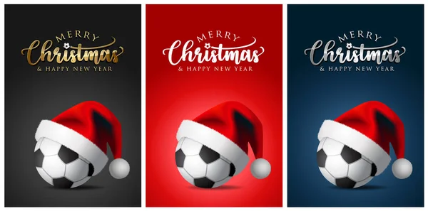 Soccer Balls Santa Claus Hat Merry Christmas Greeting Cards Vector — Stock Vector