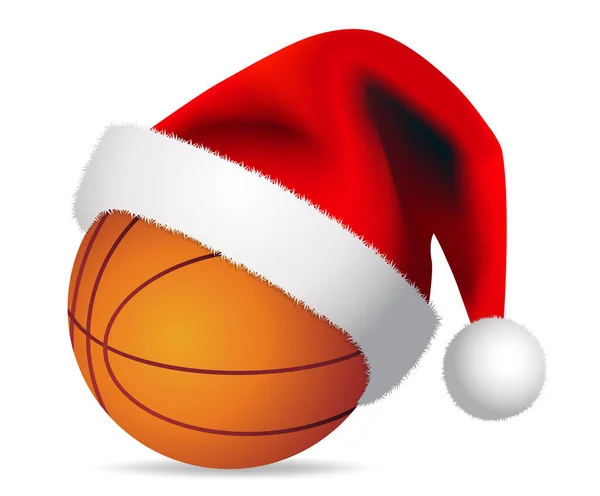 バスケットボールボールとサンタクロースの帽子 メリークリスマスカード ベクターデザインイラスト白背景 — ストックベクタ