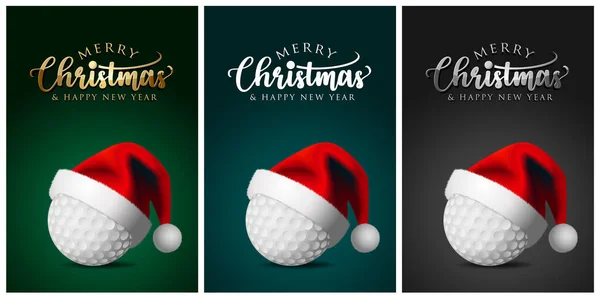 Golf Balls Santa Claus Hat Merry Christmas Greeting Cards Vector — Stock Vector