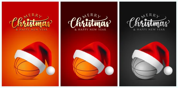 バスケットボールボールとサンタクロースの帽子 メリークリスマスグリーティングカード ベクトルデザインイラストオレンジのセット 黒背景 — ストックベクタ