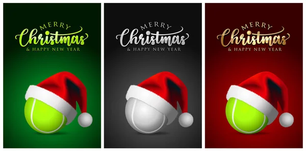 Tennis Balls Santa Claus Hat Merry Christmas Greeting Cards Vector — Stock Vector