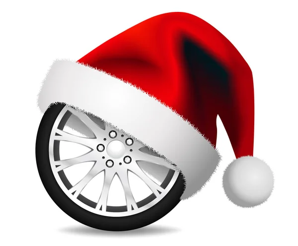 汽车合金轮与圣诞老人帽 白色背景下的圣诞调谐矢量设计图解 — 图库矢量图片