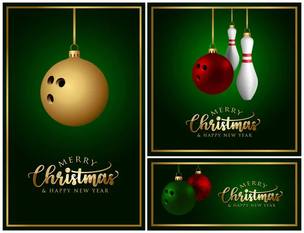 Bowling Christmas Balls Pins Merry Christmas Greeting Card Banner Vector — Stock Vector