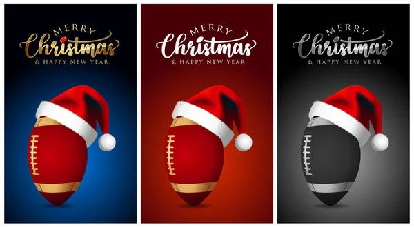 Christmas Rugby Ball Santa Claus Hat Merry Christmas American Football — Stock Vector