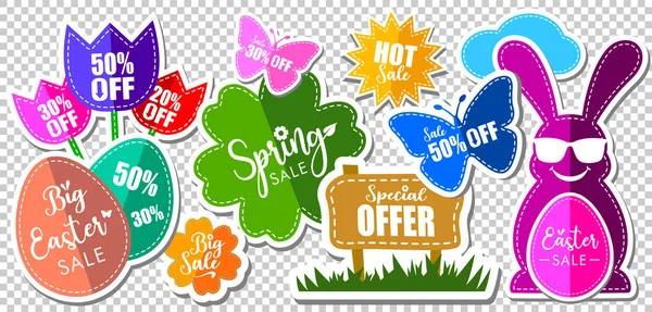 Big Easter Sale Stickers Wih Shadows Offers Collection Spring Elements — Stock Vector