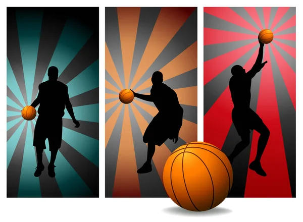 ベクトルバスケットボール選手シルエット3セット バスケットボール選手が活躍中 レトロな背景カードとボール 他のシルエットのポートフォリオをチェックしてください — ストックベクタ