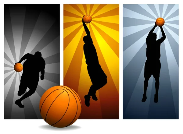 ベクトルバスケットボール選手シルエットセット2 バスケットボール選手が活躍中 レトロな背景カードとボール 他のシルエットのポートフォリオをチェックしてください — ストックベクタ