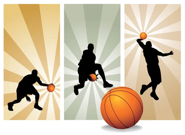 ベクトルバスケットボール選手シルエットセット1 バスケットボール選手が活躍中 レトロな背景カードとボール 他のシルエットのポートフォリオをチェックしてください — ストックベクタ