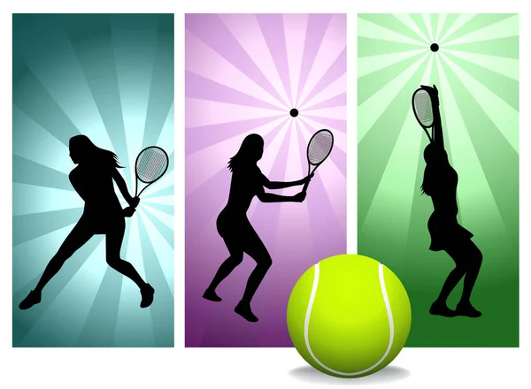 レディーステニスシルエットバナー ベクターイラスト レトロな背景ウィットボールの女性テニス選手 — ストックベクタ