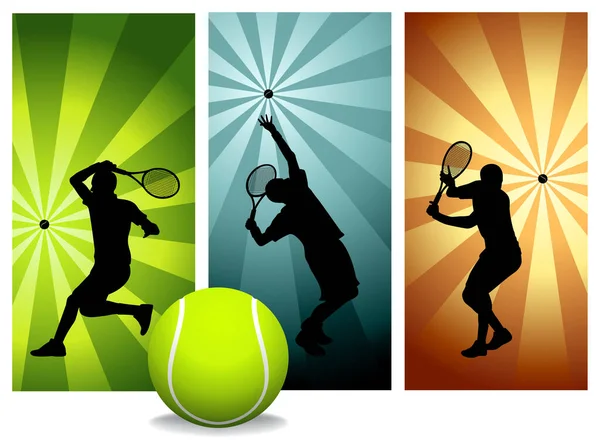 テニスプレーヤーシルエットセット2 ベクトル レトロな背景にボールを持つ男性選手 簡単に色を変更できます 他のシルエットのポートフォリオをチェック — ストックベクタ