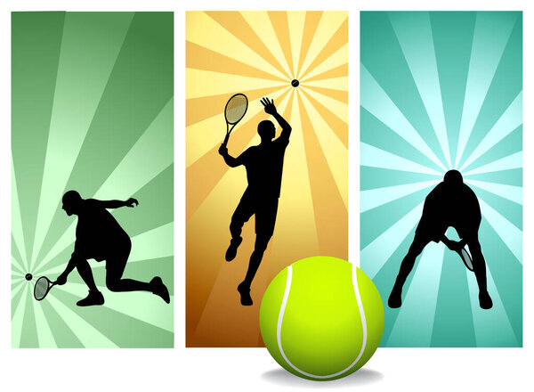 Tennis Player Silhouettes Set 3 - Vector. Mens players with balls on Retro Backgrounds. Easy change colors. (Check out my portfolio for other silhouettes).