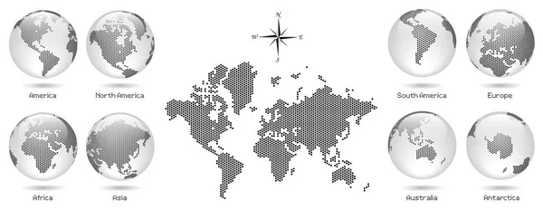 灰色の点線地図と世界の球体 アメリカ ヨーロッパ アジア アフリカ オーストラリア ベクトルデザインイラスト — ストックベクタ