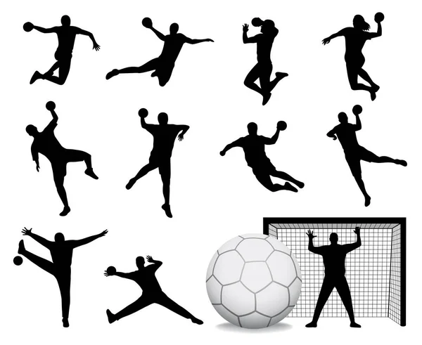 Handballer Zeichnen Silhouette Von Männern Und Frauen Angriff Springen Torhüter Vektorgrafiken
