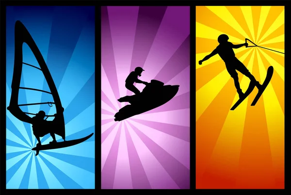 Silhuetas Esporte Extremo Verão Windsurf Esqui Jato Água Ilustração Vetorial — Vetor de Stock