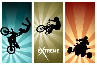 Extreme Sport Ride Siluetleri - Motokros, BMX bisikleti, Dörtlü Vektör İllüstrasyonu