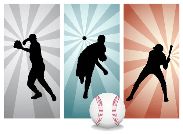 Baseball Játékosok Sziluettek Készlet Elkapó Bázis Hit Ball — Stock Vector