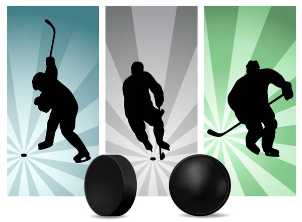 Hockey Player Silhouettes Set Vector Illustration Puck — Stock Vector