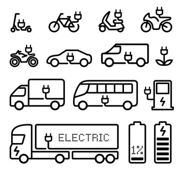 Elektrikli araçlar vektör simgeleri bisiklet, scooter, araba, motosiklet, otobüs, kamyon, minibüs, şarj istasyonu, eko güç, ulaşım, izole edilmiş