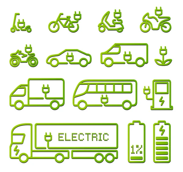 Elektriska Fordon Vektor Ikoner Set Cykel Skoter Bil Motorcyklar Buss Royaltyfria illustrationer