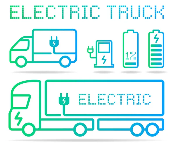 Elektrický Kamion Vektorové Ikony Set Truck Van Nabíjecí Stanice Plug — Stockový vektor