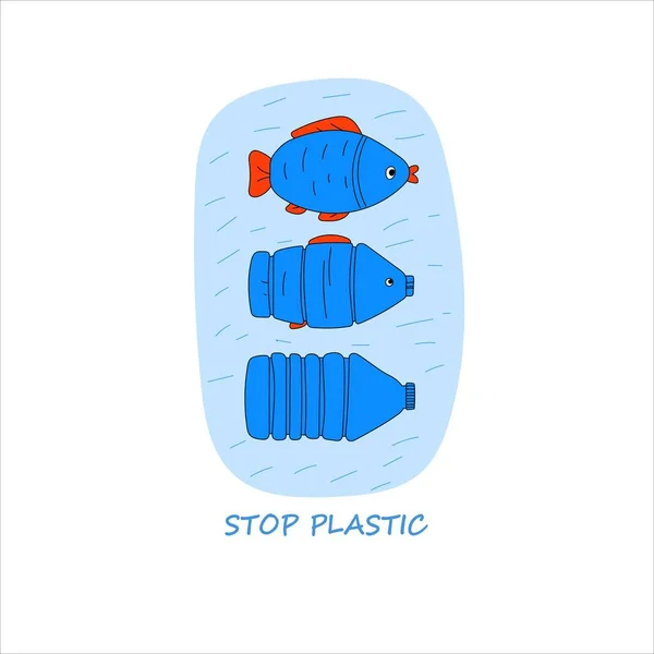 Evrim Sürecindeki Olağan Mavi Balık Plastik Bir Şişeye Dönüşür — Stok Vektör