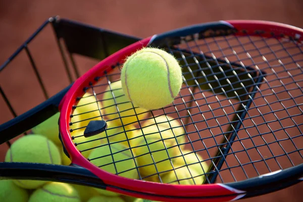 Yellow tennis balls in an iron basket and a tennis racket. Umag, Istrian Peninsula, Croatia