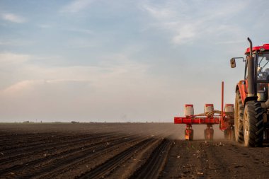 Traktör tohumu olan çiftçi - ilkbaharda tarım tarlalarına ekin ekiyor.
