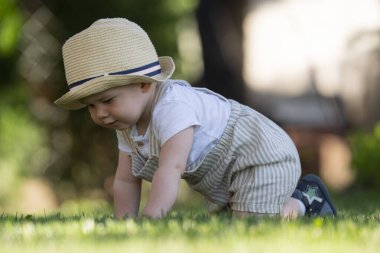 A boy with a hat tries to crawl on the grass. A beautiful spring day.