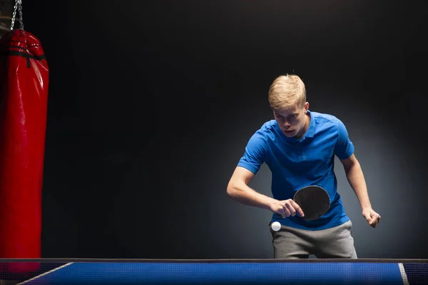Portrait Young Man Playing Tennis Black Background — Stock Photo, Image