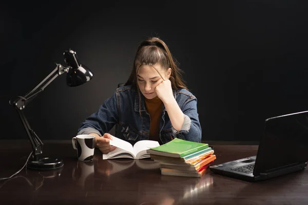 Female Student Books Her Desk Girl Sitting Table Study — Stock Photo, Image