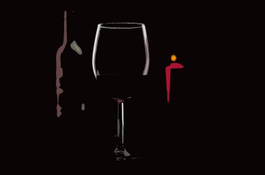 Kırmızı şarap şişesi, bir kadeh şarap ve siyah arka planda mum. 