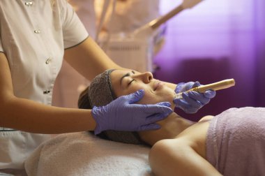 Spa, tatil köyü, güzellik ve sağlık konsepti. Güzellik salonunda yüz bakımı gören güzel bir kadın. Yüz bakımı. Kozmetoloji 