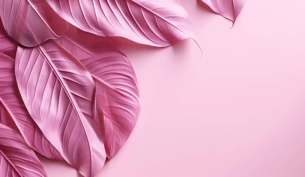 Delicate and minimalist background with large pink leaves. Free space for text