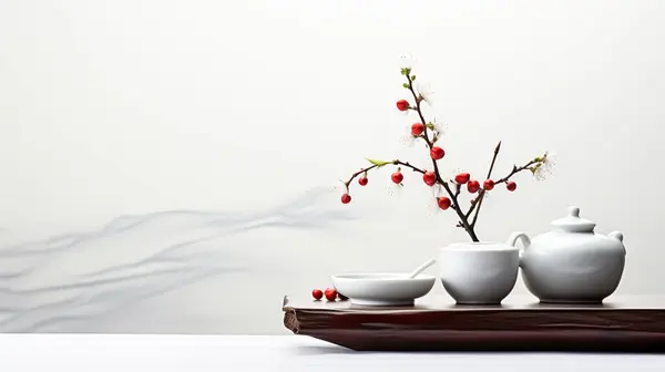 Oriental minimalism still life with pots and flowers