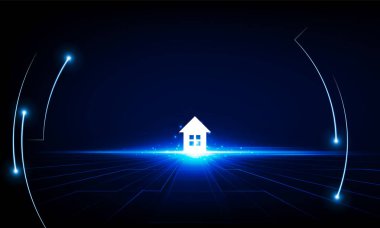 Soyut Key Door tanıtım evi ve Ev Işığı teknolojisi ve neon üçgenleri. Hitech iletişim konsepti yenilik arka plan, vektör tasarımı