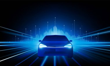 Soyut Hız İşletmeleri, elektrikli araba ve şehir konsepti ile ürün başlatmaya başlayın Hitech iletişim yenilik arka planı, vektör tasarımı