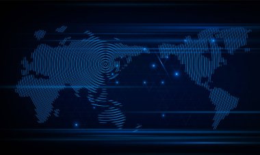 Monitördeki ikili kod numaralarından oluşan bir tarama akışı dünya haritasının bilgisayar matrisidir. Hitech iletişim konsepti yenilik arka plan, vektör tasarımı