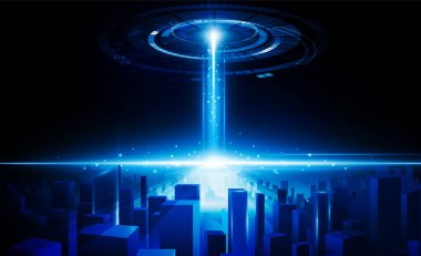 Soyut uzay gemisi ışını, Key Door 'u açar iş dünyasının dijital şehrini aydınlatır Hitech iletişim konsepti yenilik arka planı, vektör tasarımı