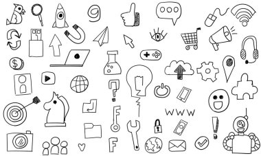 Line art Doodle of objects and symbols on the Social Media technology theme design vector.