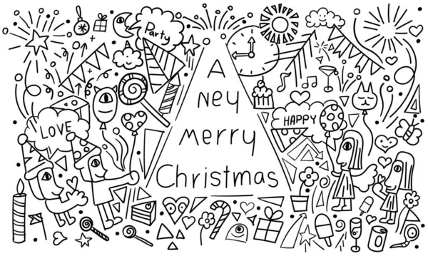 Sevimli Mutlu Noeller ve yeni yıl 2023 karalaması. Siyah ve beyaz, tişört baskısı, vektör tasarımı.